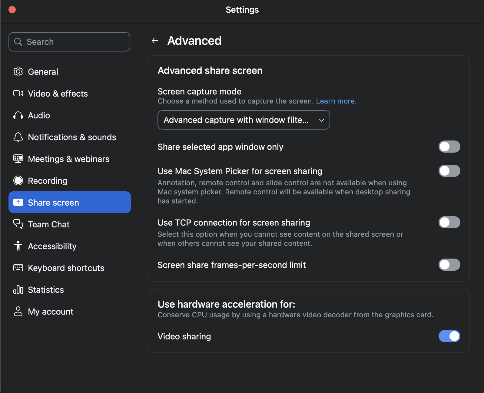 Advanced capture with window filter option in screen share settings
